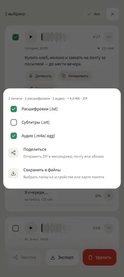 Меню экспорта с галочками: текст, субтитры и исходное аудио.