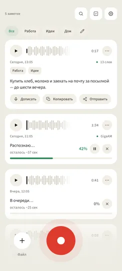 Лента записей с рядом тегов над ней: «Все», «Работа», «Идеи», «Дом» и карандаш для правки. На карточке видны теги записи.